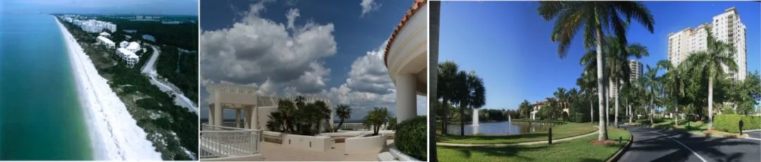Horizontal photo collage banner of Bonita Springs showcasing an aerial beachfront view, an outdoor concrete terrace pavilion, and a community driveway with palm trees, a pond fountain, and high-rise buildings.