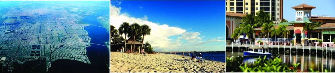 Horizontal photo collage banner of Cape Coral showcasing an aerial view of a canal boat, a residential house with palm trees, two manatees swimming, and a community swimming pool.