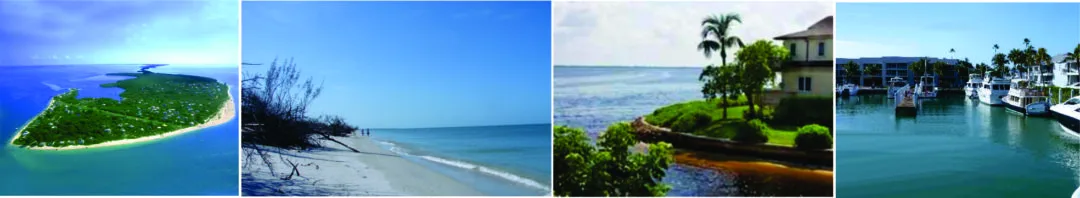 Horizontal photo collage banner of Captiva Island showcasing an aerial view of the island peninsula, a sandy beach with driftwood, a waterfront lawn with palm trees, and a marina with docked yachts.