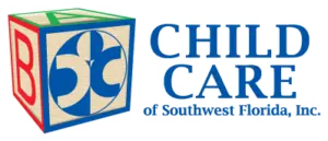 Child Care of Southwest Florida logo featuring an illustrative alphabet toy block next to bold blue text reading CHILD CARE of Southwest Florida, Inc. over a transparent background.