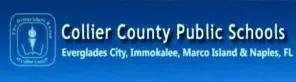 Collier County Public Schools logo banner featuring the district emblem seal alongside text listing Everglades City, Immokalee, Marco Island, and Naples, Florida over a blue background.