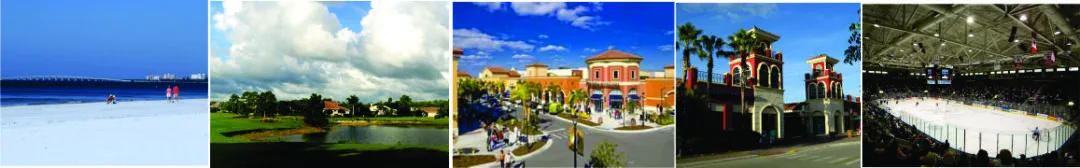 Horizontal photo collage banner of Estero showcasing an open white sand beach, a residential golf course with a pond, a Mediterranean-style outdoor shopping plaza, an architectural plaza gateway, and an indoor ice hockey arena.