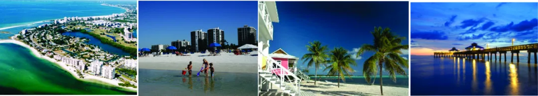 Horizontal photo collage banner of Fort Myers Beach showcasing an aerial coastal view, children playing on the beach, a pink beach cottage with palm trees, and an illuminated ocean fishing pier at twilight.