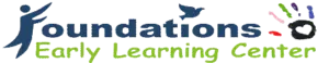 Foundations Early Learning Center logo featuring a stylized blue letter f human figure, a bird silhouette, and a colorful handprint above green text reading Early Learning Center over a transparent background.
