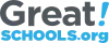 Great Schools trademark logo featuring the stacked text phrases Great! in dark grey above SCHOOLS.org in light blue over a transparent background.