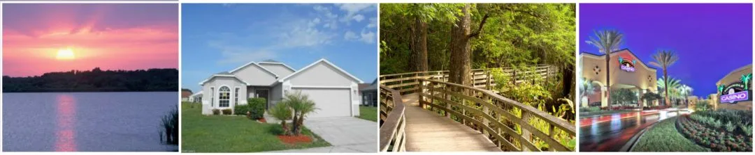 Horizontal photo collage banner of Immokalee showcasing a waterfront lake sunset, a suburban house, a wooden boardwalk nature trail, and an illuminated casino building entrance at twilight.