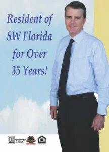 Professional portrait graphic of real estate agent Josh Bevington wearing a light blue dress shirt and dark tie, featuring text overlay Resident of SW Florida for Over 35 Years with professional real estate logos at the bottom.