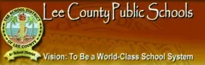 Lee County Public Schools logo banner featuring the district emblem seal alongside text reading Vision: To Be a World-Class School System over an orange and brown background.