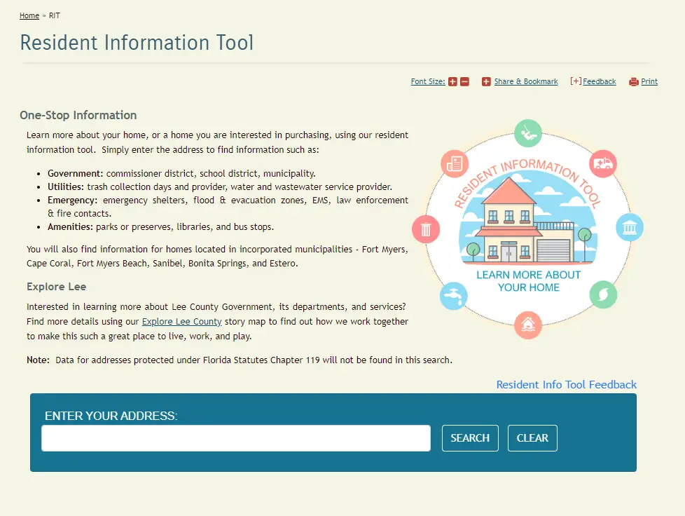 Screenshot of the Lee County Resident Information Tool website interface, showing a text overview of community lookup services, a central house diagram icon, and a blue address search entry form field at the bottom.