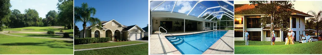 Horizontal photo collage banner of Lehigh Acres showcasing a green golf course fairway, a suburban home, a screened-in swimming pool lanai, and people on a golf green.