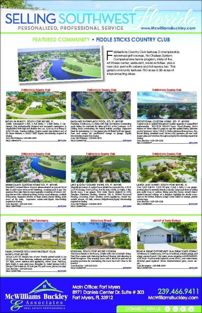 Real estate magazine cover for McWilliams Buckley and Associates, featuring a wide aerial view of the Fiddlesticks Country Club neighborhood community, highlighting the main clubhouse estate, surrounding tennis courts, golf greens, and housing developments.