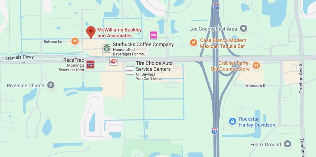 Google Map snapshot showing the office location pin for McWilliams Buckley and Associates near Daniels Parkway, Interstate 75, and the Lee County Rest Area.