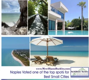 Real estate collage for Naples Florida by McWilliams Buckley and Associates, showing a beach coastline view, a wooden boardwalk path, a modern luxury pool home, and beach lounge chairs under an umbrella.