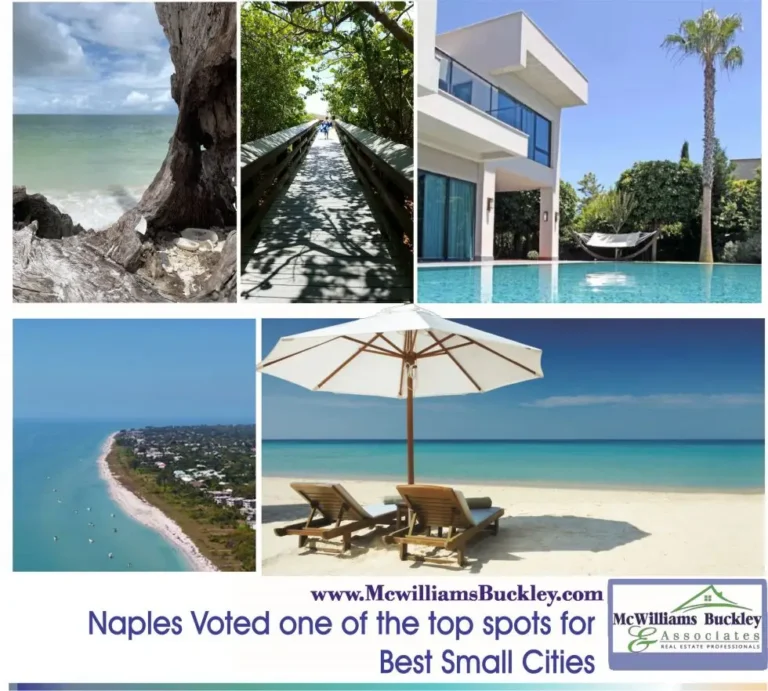 Real estate collage for Naples Florida by McWilliams Buckley and Associates, showing a beach coastline view, a wooden boardwalk path, a modern luxury pool home, and beach lounge chairs under an umbrella.