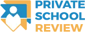 Private School Review trademark logo featuring an abstract yellow and blue human icon seal adjacent to stacked blue and yellow brand text reading Private School Review over a transparent background.
