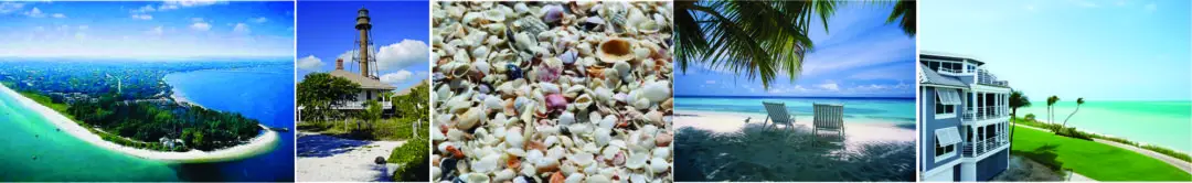 Horizontal photo collage banner of Sanibel Island showcasing an aerial view of the island, the historic lighthouse, a close-up of beach seashells, beach chairs under palm trees, and a luxury waterfront coastal home.