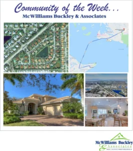 Real estate collage for Veridian community by McWilliams Buckley and Associates, featuring an aerial map route to Sanibel Island, a luxury suburban home exterior, and a modern dining room interior.