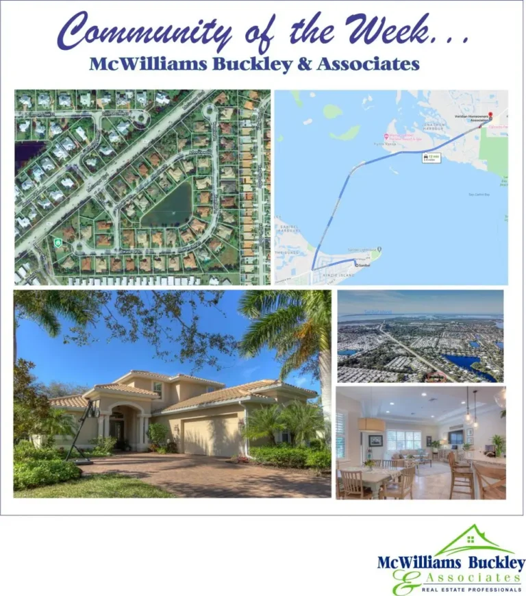 Real estate collage for Veridian community by McWilliams Buckley and Associates, featuring an aerial map route to Sanibel Island, a luxury suburban home exterior, and a modern dining room interior.